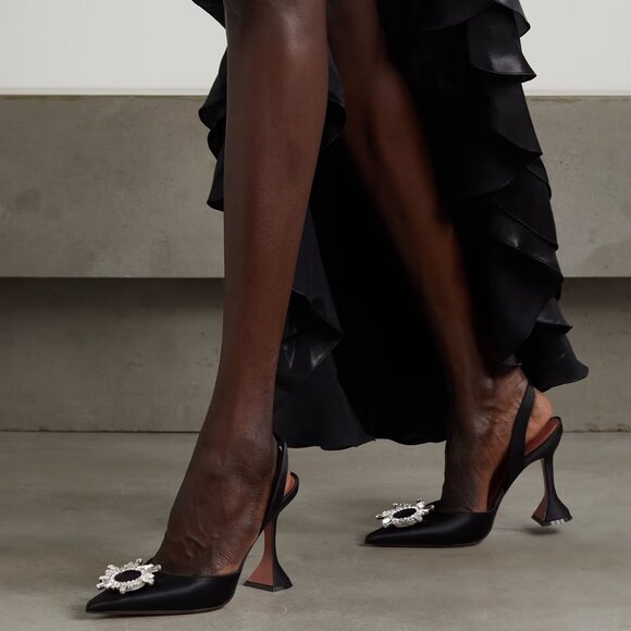 AMINA  MUADDI Begum Satin Crystal Slingback Sandals Heels Shoes Black - Picture 4 of 16